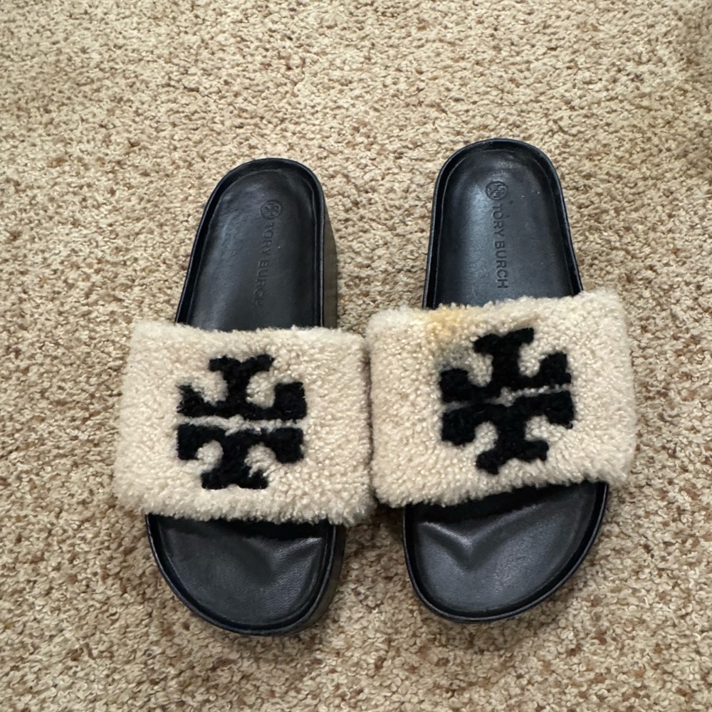 Tory Burch Black and Cream Fuzzy Slides
